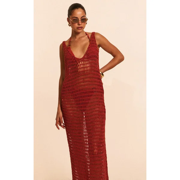 Rust Crochet Sleeveless Maxi Beach Dress