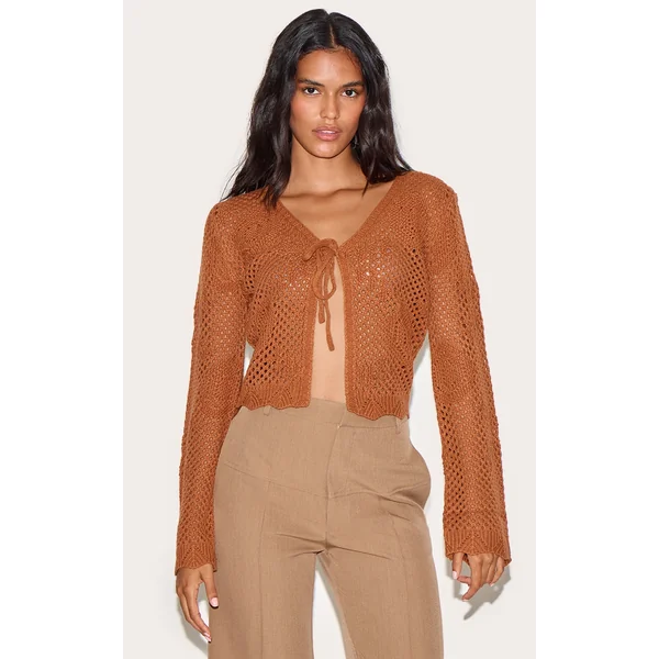 Rust Crochet Tie Front Cardigan