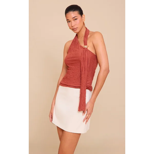 Rust Double Layer Crinkle Mesh Drape Detail Long Top