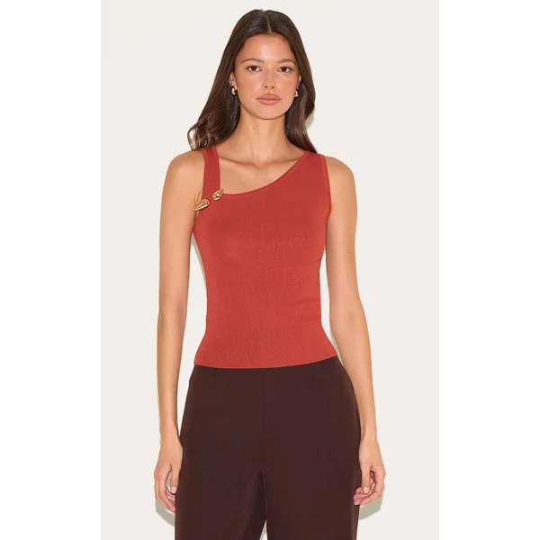 Rust Fine Knit Gold Trim Asymmetric Neckline Top