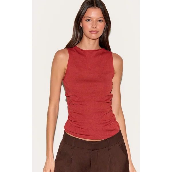 Rust Fine Knit High Neck Sleeveless Top