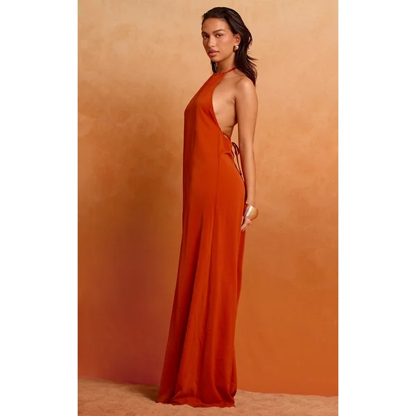Rust Floaty Woven Backless Extreme Wide Leg Jumpsuit