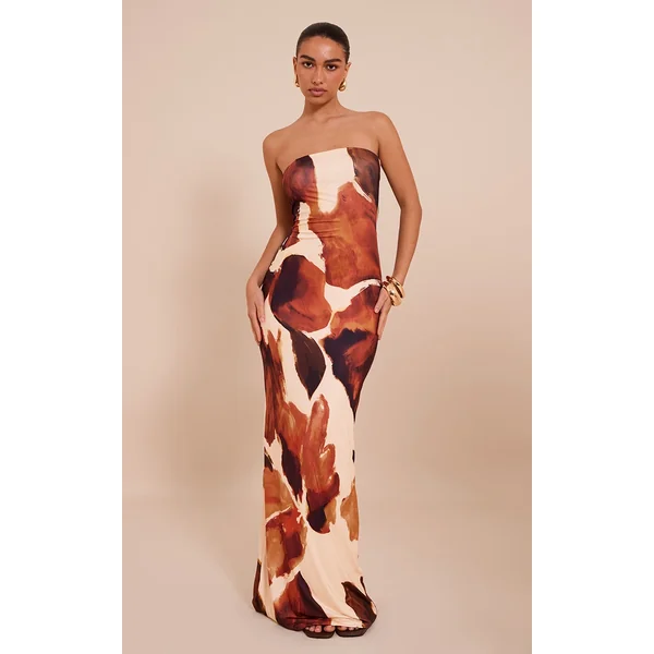Rust Floral Printed Bandeau Maxi Dress