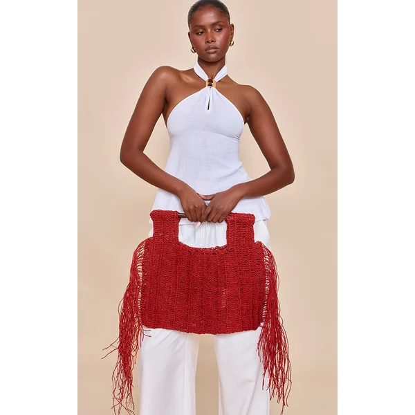 Rust Fringed Raffia Wooden Handle Beach Grab Bag