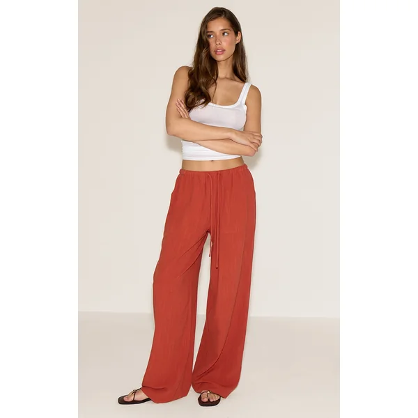 Rust Linen Blend Drawstring Tie Straight Leg Pants