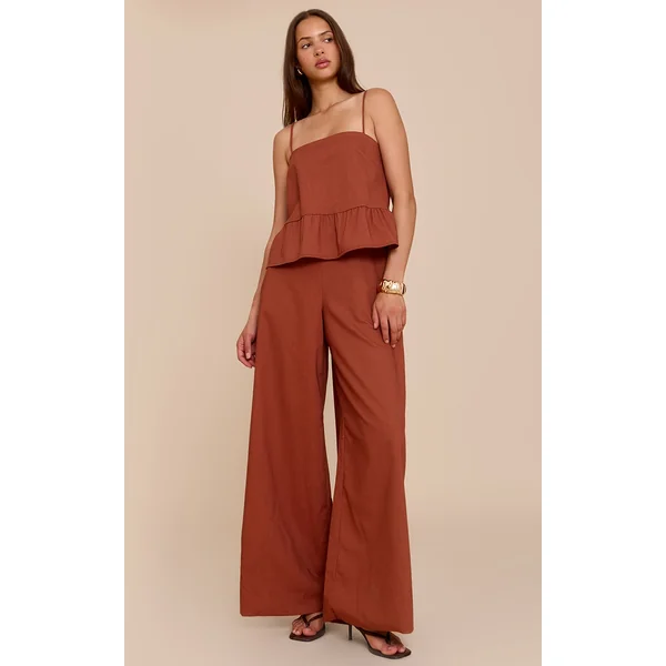Rust Linen Blend Peplum Detail Overlay Jumpsuit