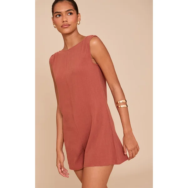 Rust Linen Blend Slouchy Boat Neck Romper