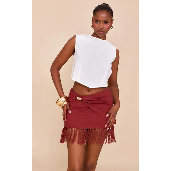 Rust Linen Gold Trim Tassle Hem Mini Skirt