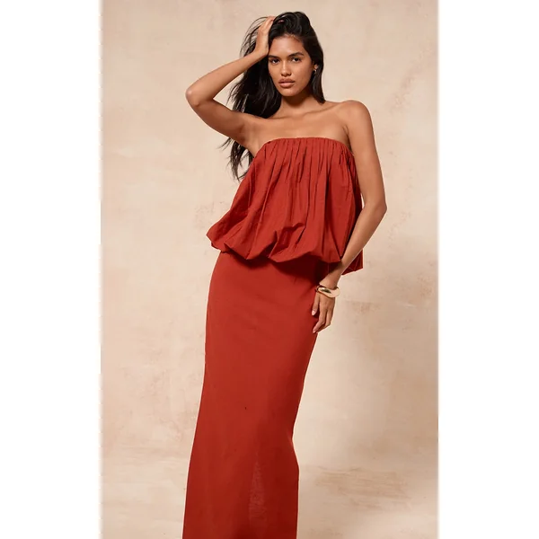 Rust Linen Look A Line Maxi Skirt
