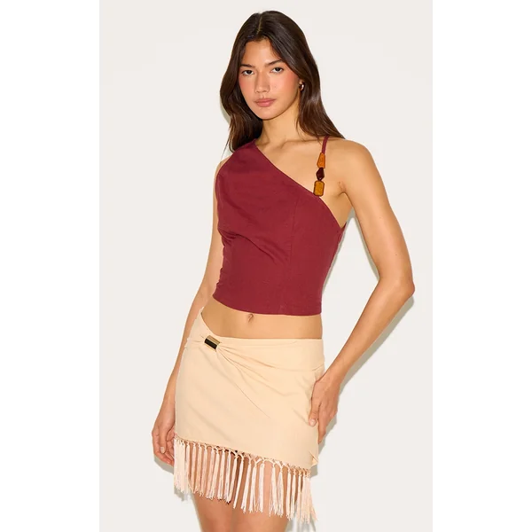 Rust Linen Look Asymmetric Beaded Crop Top