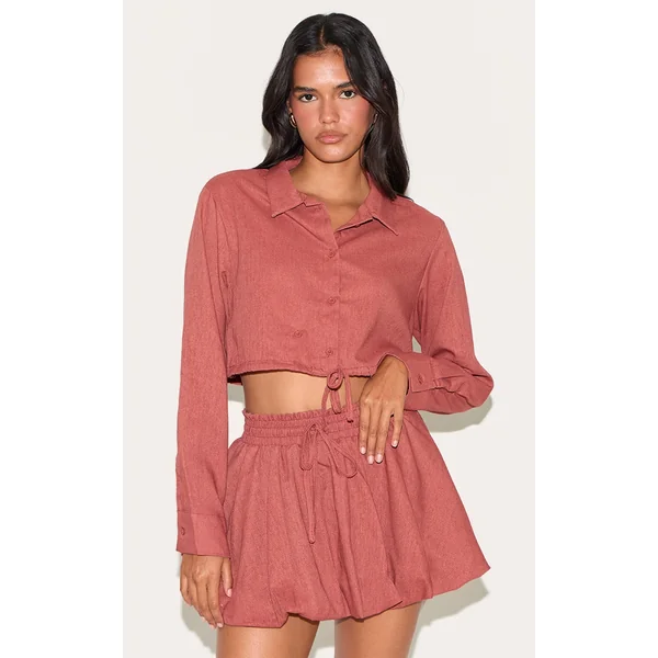 Rust Linen Look Drawstring Cropped Shirt