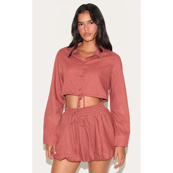 Rust Linen Look Drawstring Puff Ball Skirt