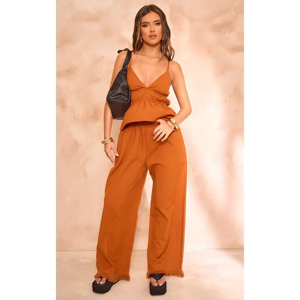 Rust Linen Look Frayed Hem Wide Leg Pants