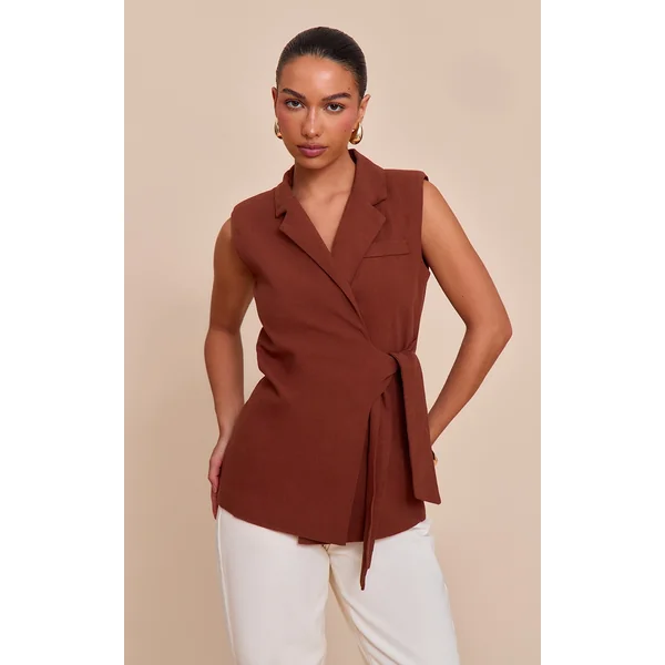 Rust Linen Look Tie Waist Vest