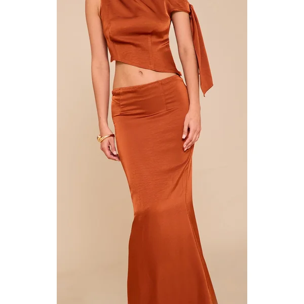 Rust Mid Rise Satin Maxi Skirt