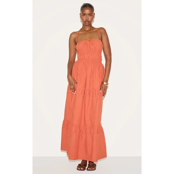 Rust Ruched Backless Strappy Maxi Dress