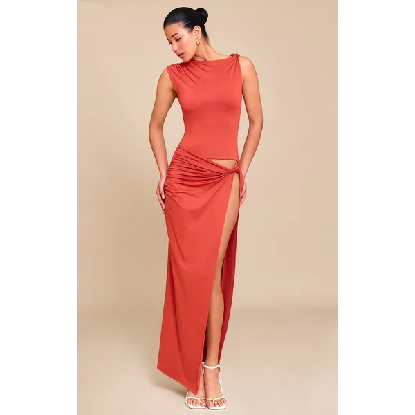Rust Ruched Cut Out Maxi Dress