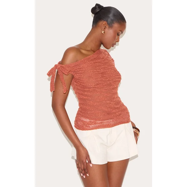 Rust Sheer Bobble Crochet Asymmetric Tie Top