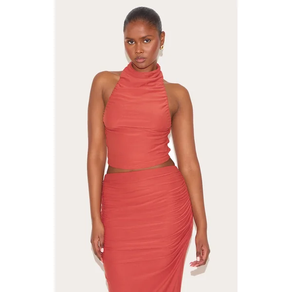 Rust Soft Touch Ruched Halter Crop Top