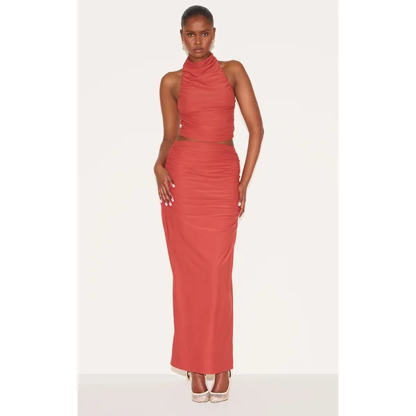 Rust Soft Touch Ruched Maxi Skirt