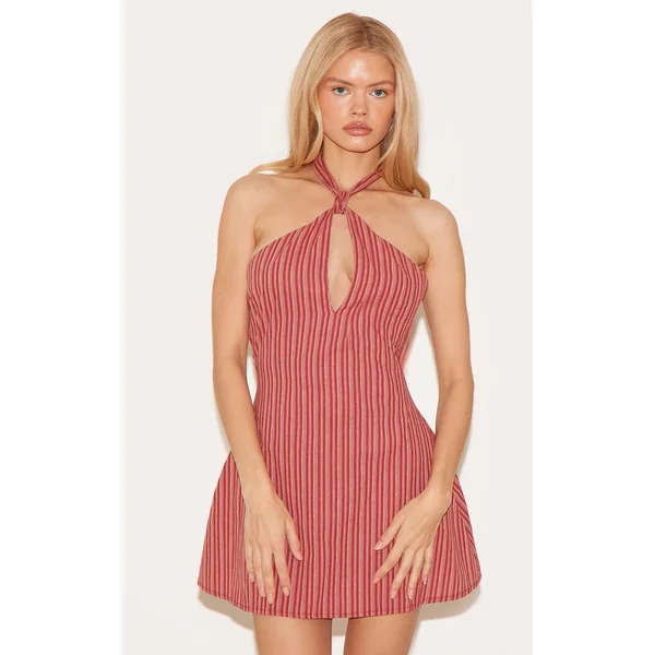Rust Striped Halterneck Shift Dress