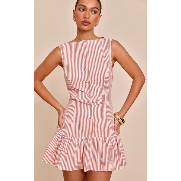 Rust Striped Satin Button Detail Flippy Hem Bodycon Dress