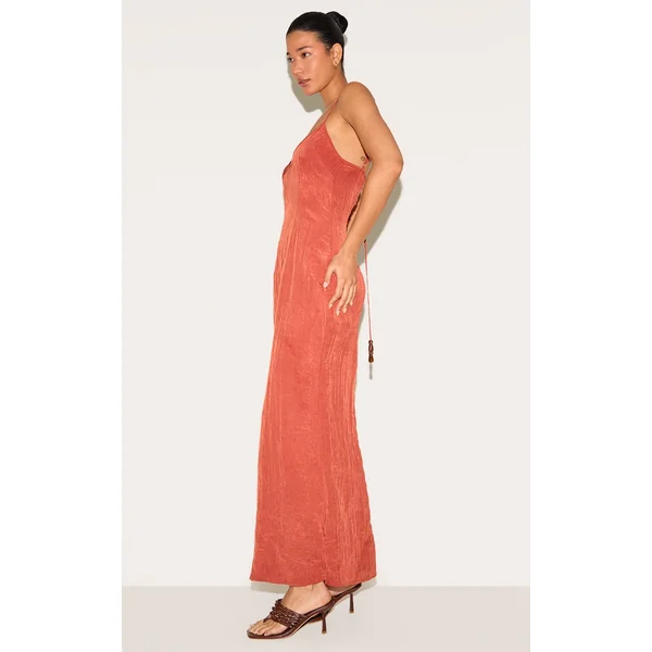 Rust Textured Beaded Detail Strappy Maxi Dress