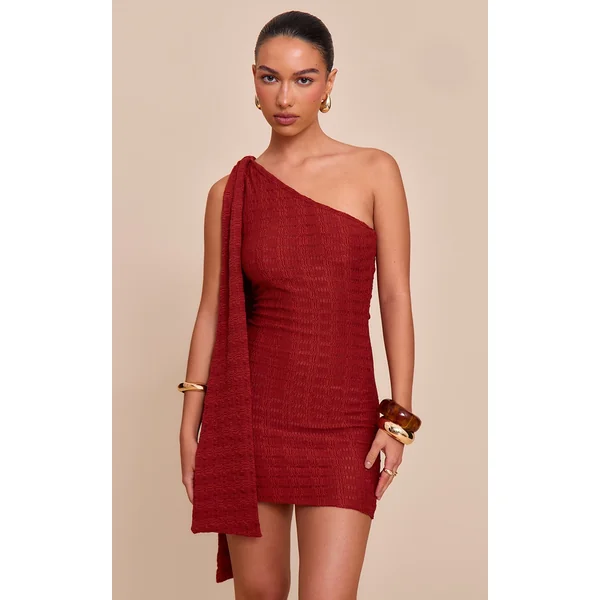 Rust Textured One Shoulder Drape Detail Bodycon Dress