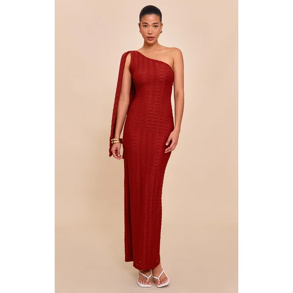 Rust Textured One Shoulder Drape Detail Maxi Dress