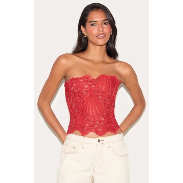 Rust Textured Sheer Floral Lace Corset