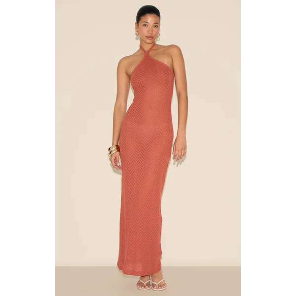 Rust Textured Tie Halter Maxi Dress