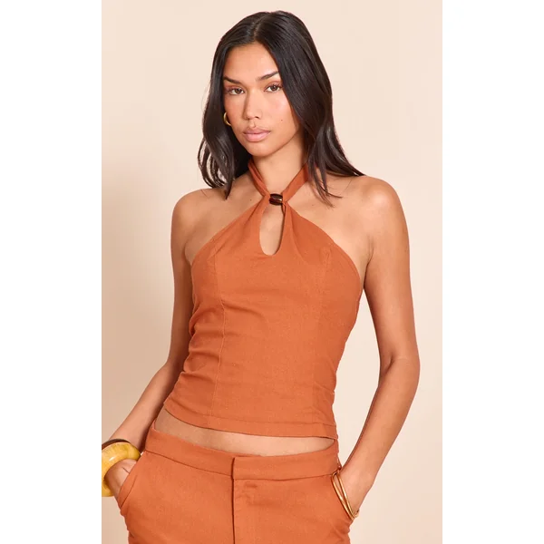 Rust Woven Bead Detail Halterneck Top