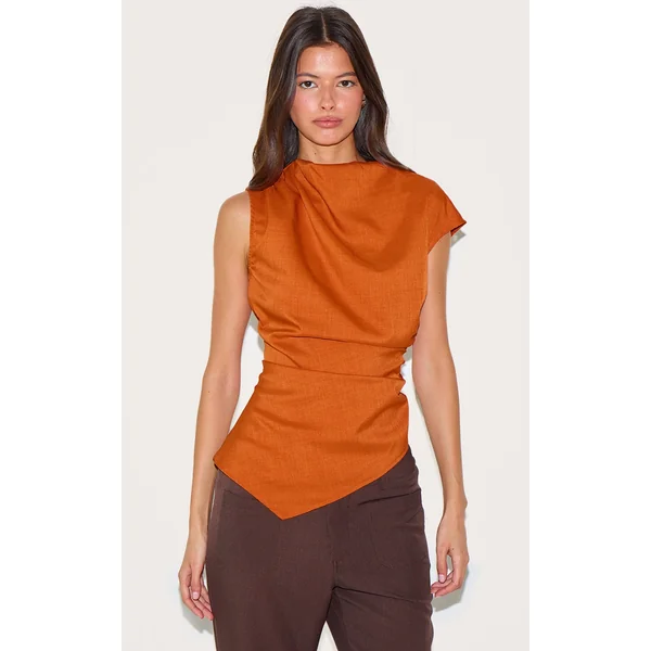 Rust Woven Ruched Asymmetric Long Top