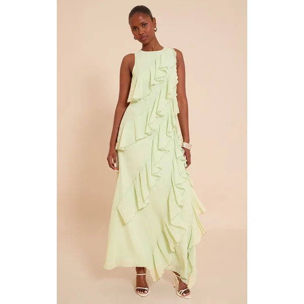 Sage Boat Neck Frill Detail Sleeveless Maxi Dress