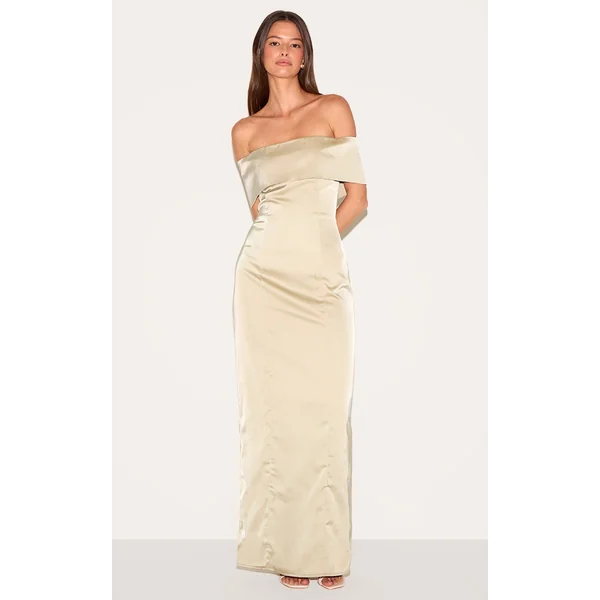Sage Bridesmaid Bardot Fold Over Sleeveless Maxi Dress