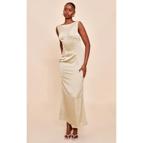 Sage Bridesmaid Satin Boat Neck Maxi Dress