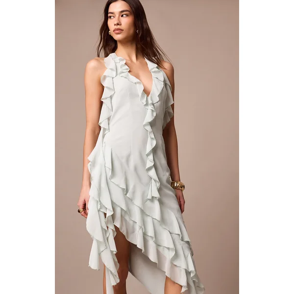 Sage Chiffon Frill Detail Plunge Midaxi Dress