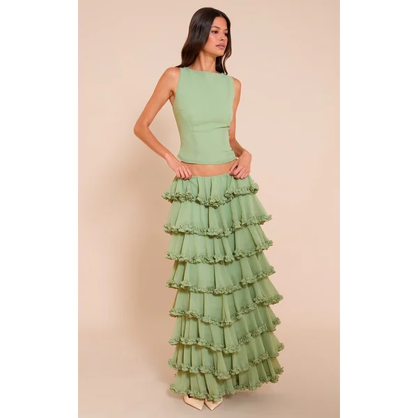 Sage Chiffon Tiered Frill Maxi Skirt