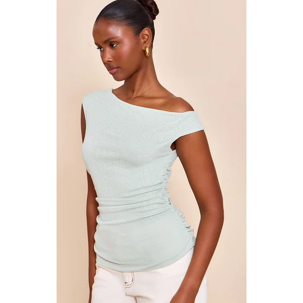 Sage Double Layer Onion Skin Ruched Sleeveless Top