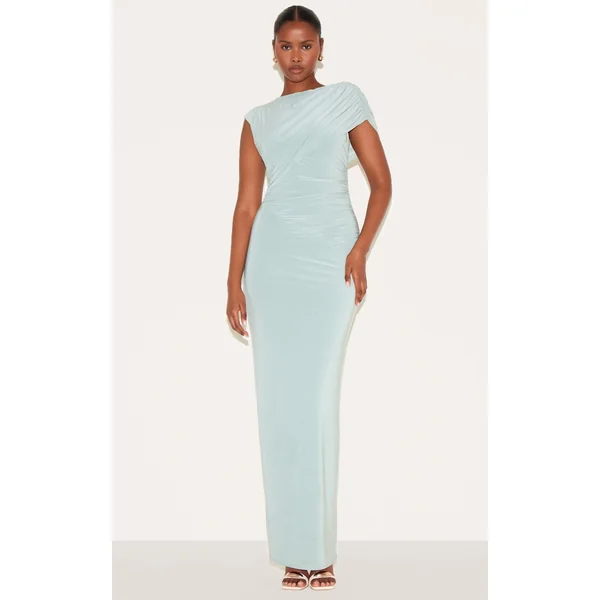 Sage Double Layer Slinky Off Shoulder Drape Maxi Dress