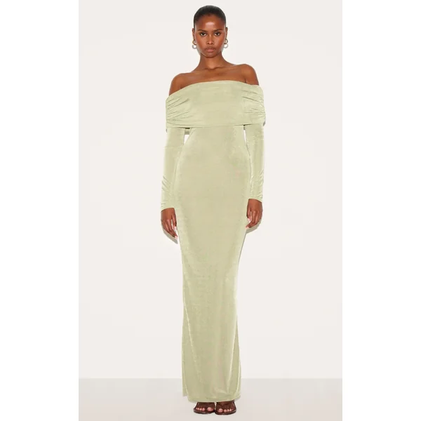 Sage Green Acetate Slinky Bardot Long Sleeve Maxi Dress