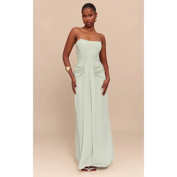 Sage Green Bandeau Corset Drape Detail Maxi Dress
