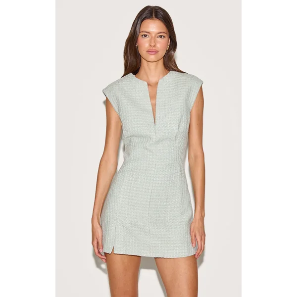 Sage Green Boucle V Neck Shift Dress