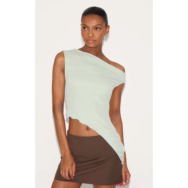 Sage Green Burnout Mesh Asymmetric Long Top