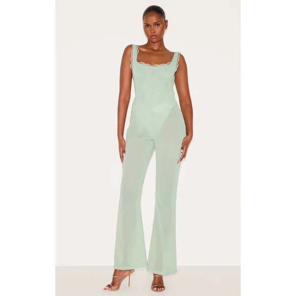 Sage Green Chiffon Corset Detail Flared Jumpsuit