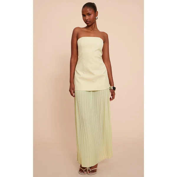 Sage Green Chiffon Pleated Skirt Panel Bandeau Maxi Dress