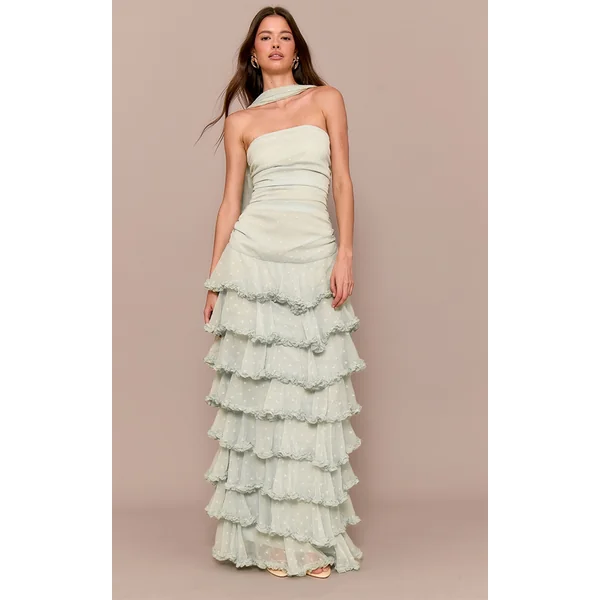 Sage Green Chiffon Tiered Frill Maxi Dress