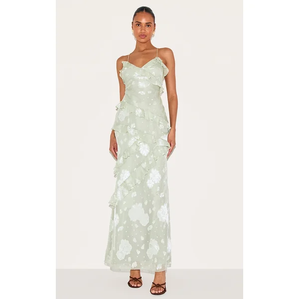 Sage Green Embroidered Frill Maxi Dress