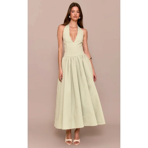 Sage Green Halterneck Tie Detail Ruched Midaxi Dress