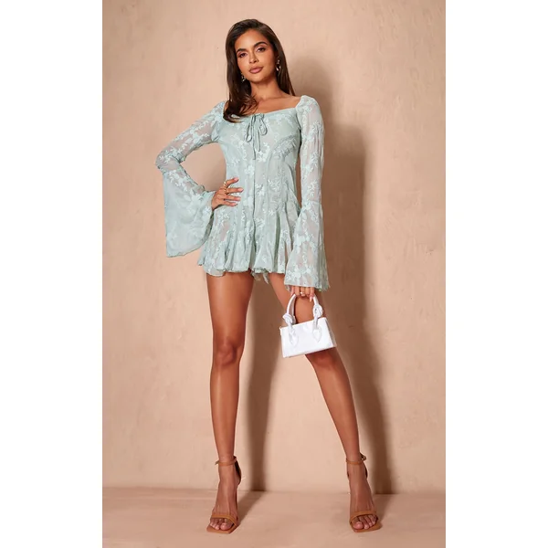 Sage Green Lace Binding Detail Flare Sleeve Romper
